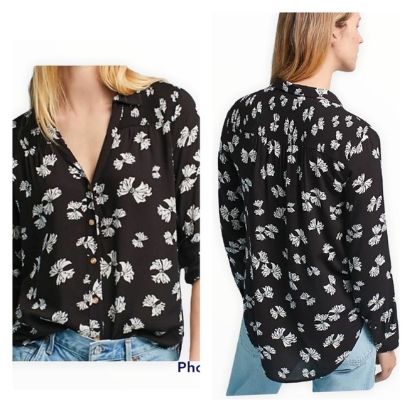 MAEVE x ANTHROPOLOGIE Black White Emory Bow Print Button Down Long Sleeve Top 0 - Picture 1 of 7